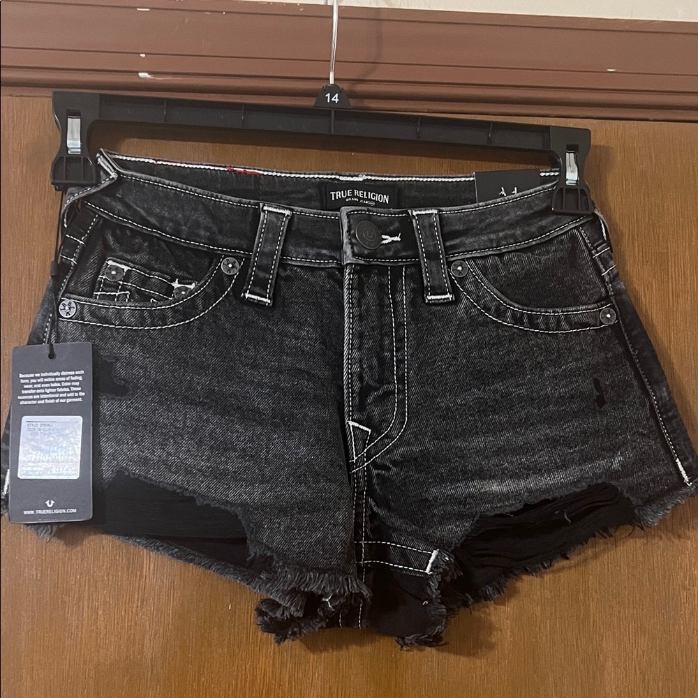 True Religion Black Washed Distressed Denim Jean Shorts